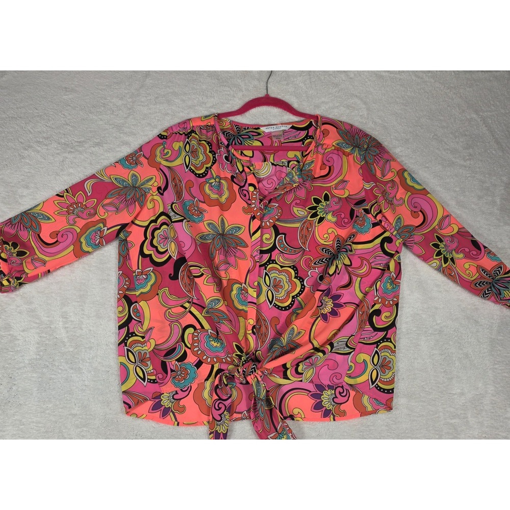 Peter Nygard Blouse Women 20W Pink Floral Good Tie Front Psychedelic Boho